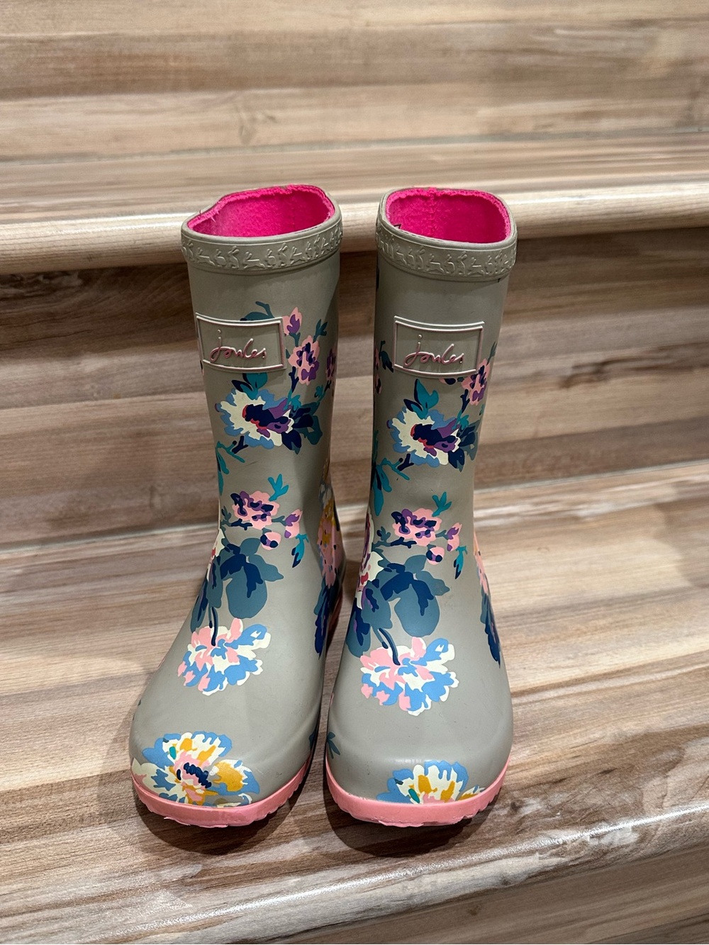 Joules Taupe Floral Rain Boots with Pink Trim